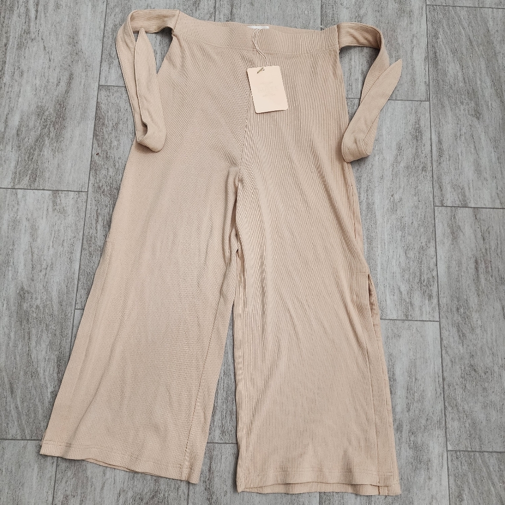 Sancia knit ribbed side slit belted staple comfy, casual beige lounge Pants